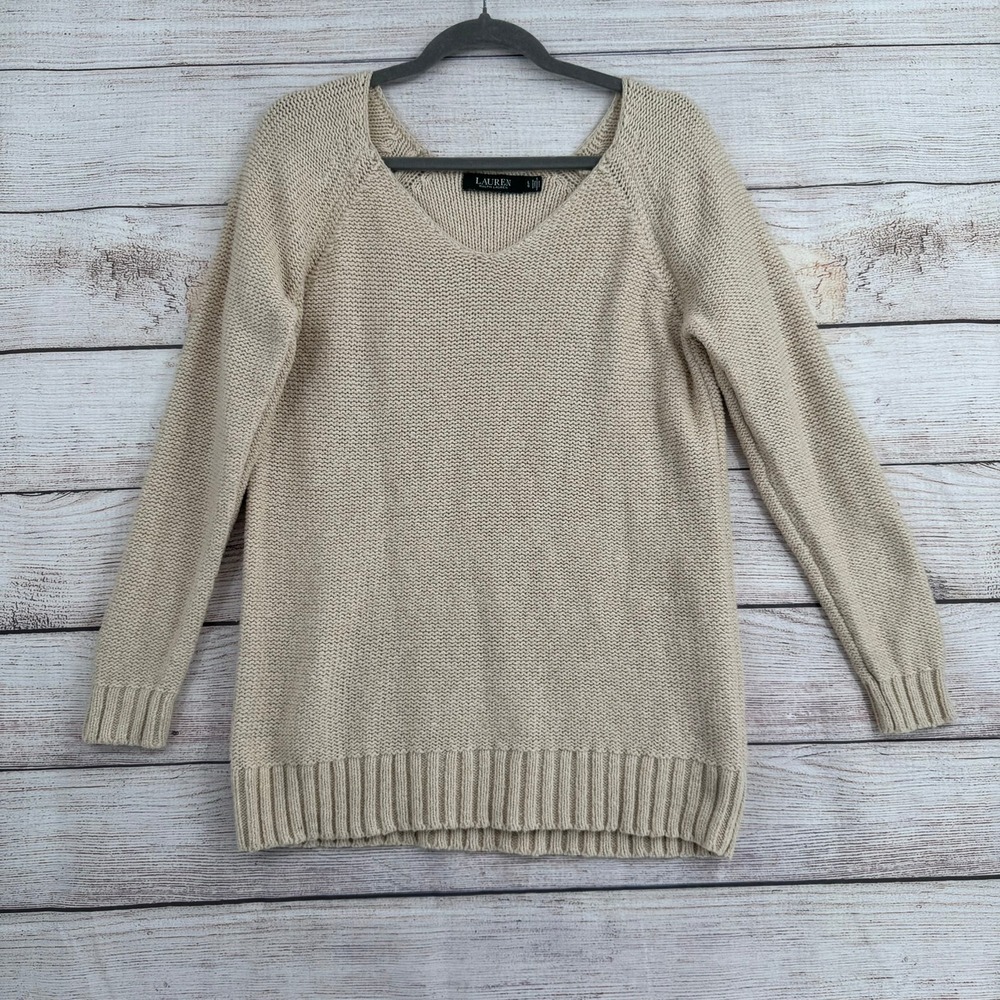 Lauren Ralph Lauren Sweater Women Large Beige Shaker Knit V-Neck Cotton Blend